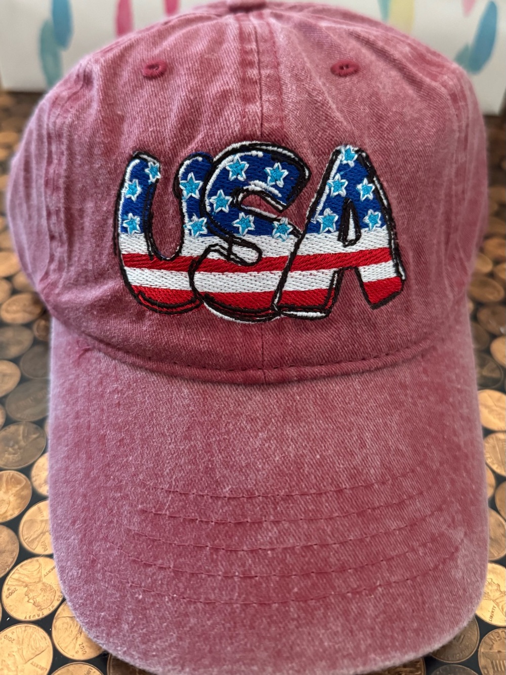 USA Embroidered Flag Baseball Hat - Faded Red